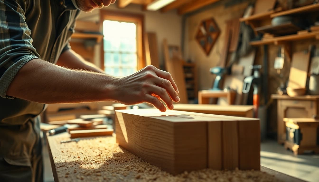 Cabinet maker near me showcasing craftsmanship in a bright workshop filled with tools.