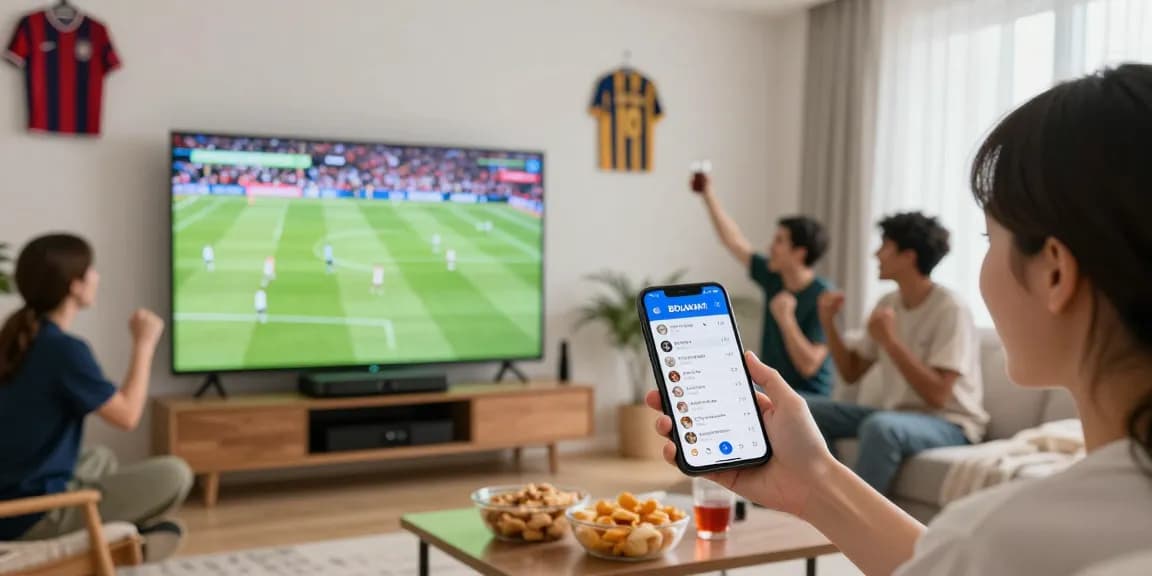 BOLAKAMI streaming scene with spirited fan enjoying live football, displaying app stats and friends cheering.
