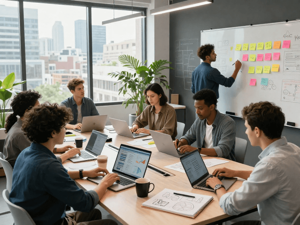 Reunião colaborativa sobre multicanais com equipe diversa em escritório moderno, destacando ideias e inovação.