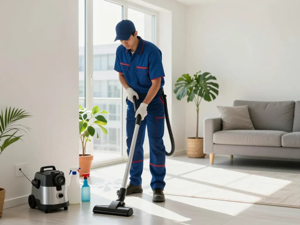 Dedetizadora technician applying eco-friendly pest control solutions in modern home.