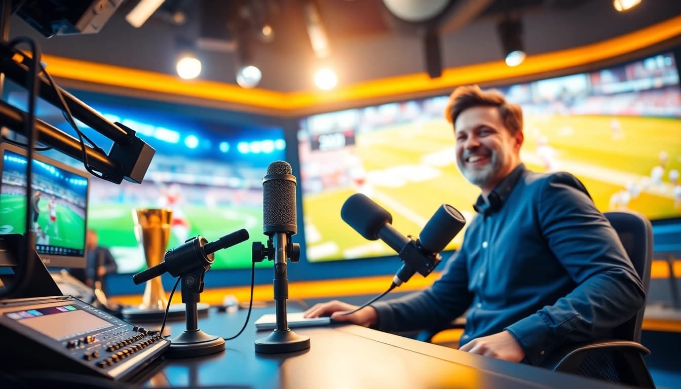 Sports Broadcasting commentator delivering live coverage in a high-tech studio with vibrant screens.