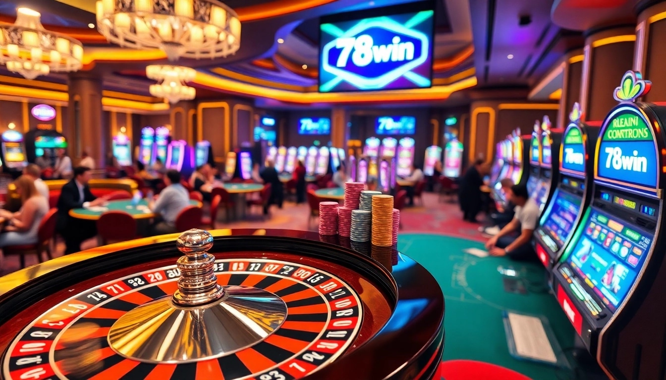 Exciting scene of 78win casino with poker chips and a spinning roulette wheel.