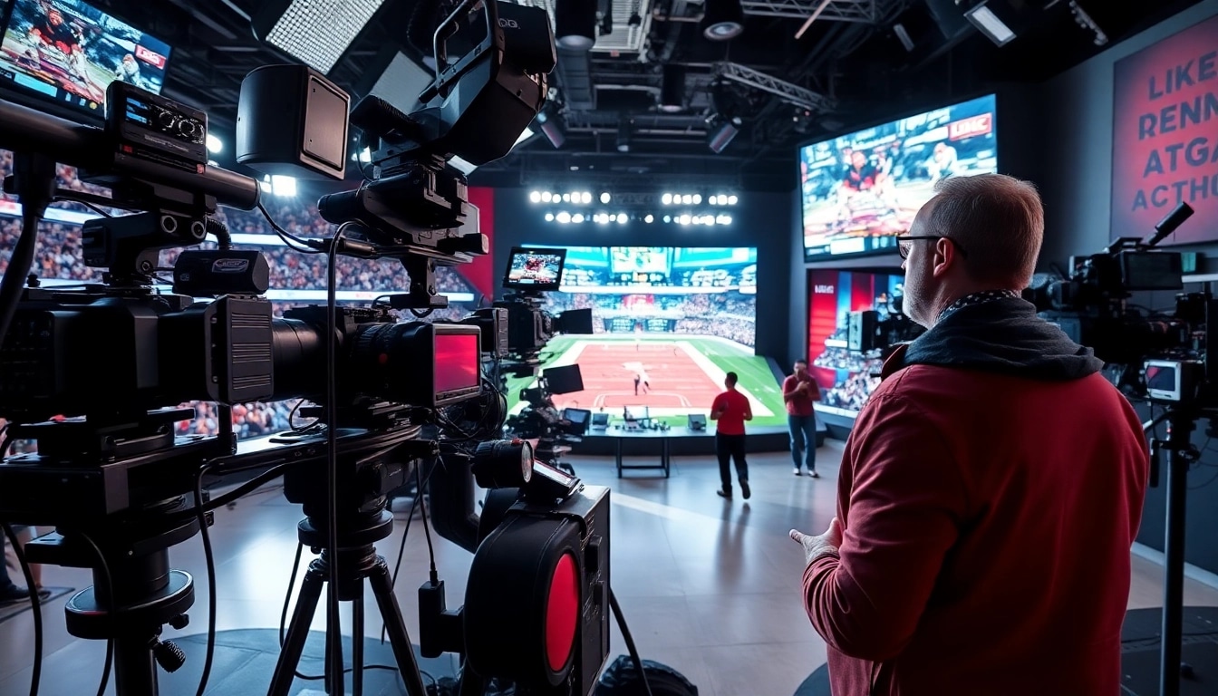 Engaging depiction of Sports Broadcasting setup with dynamic presenters and vibrant visuals.