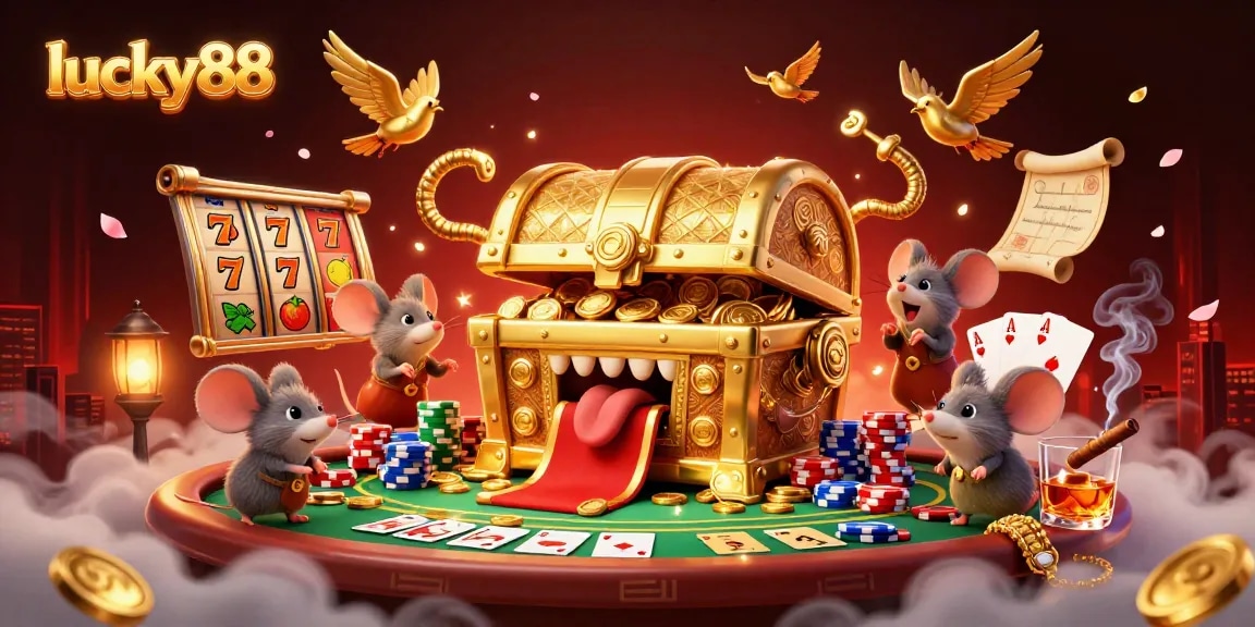 Engage with lucky88 slot excitement through a vibrant illustration featuring rich casino elements and dynamic characters.