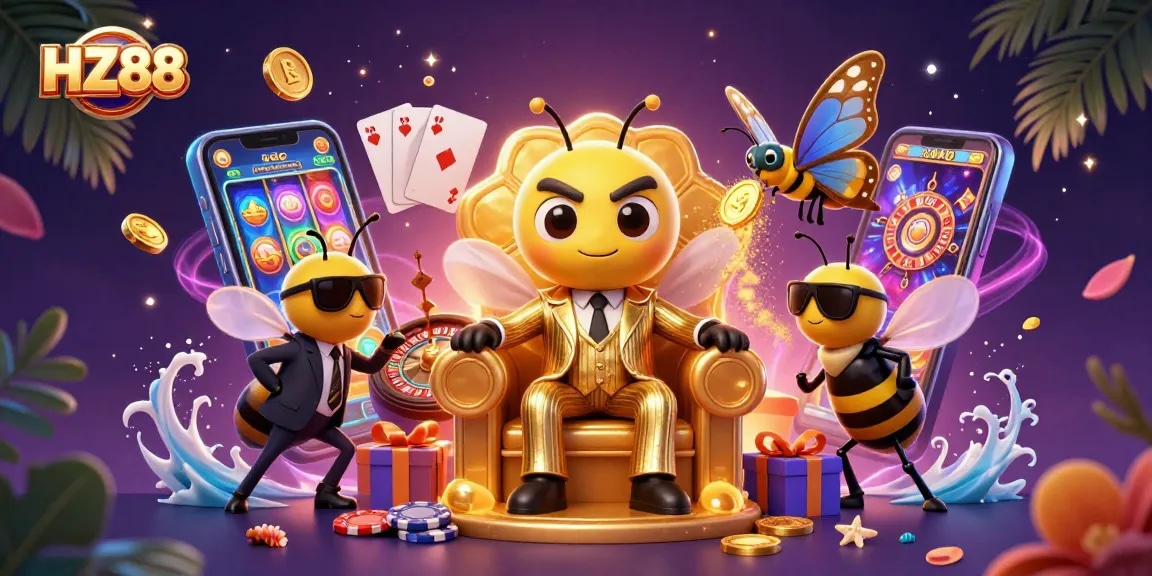 Spin the reels at HZ88 with an exciting 3D casino scene filled with vibrant gaming elements and characters.