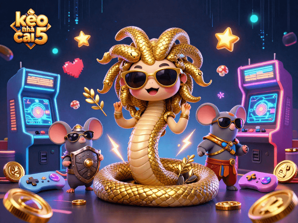 Play with kèo nhà cái 5 in this vibrant 3D illustration featuring Medusa and a warrior mouse.