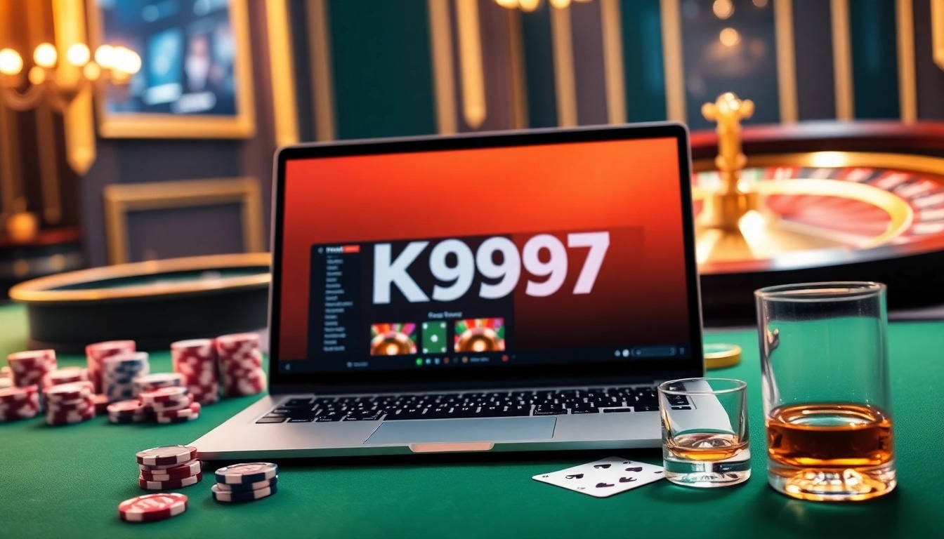 Plataforma de jogos K997 exibindo a emoção do cassino online com fichas de pôquer e roleta.