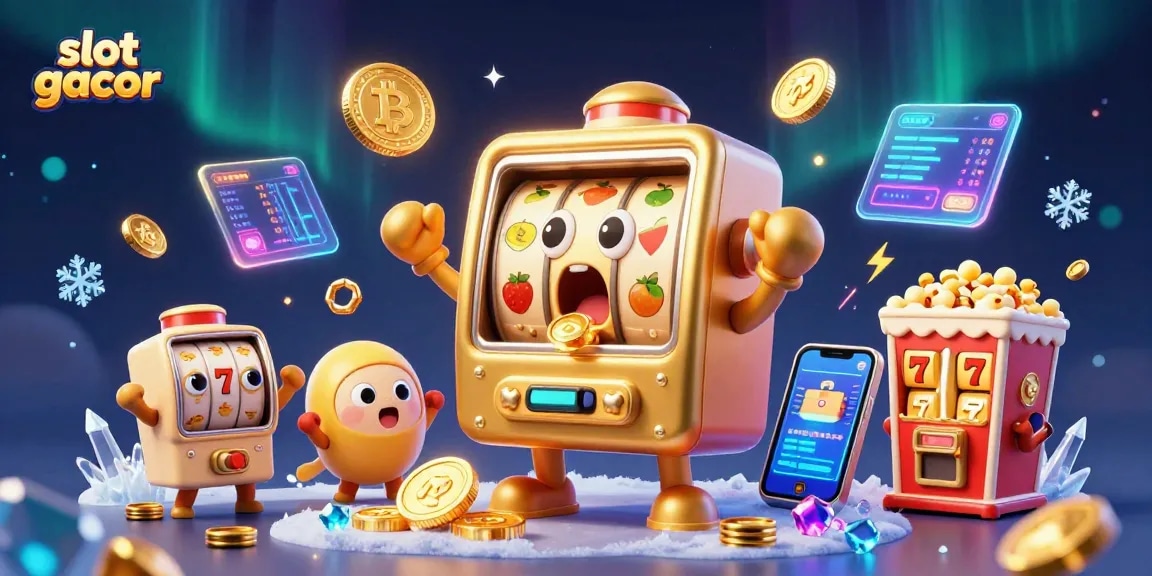 Experience thrill with slot gacor as it hits the jackpot, surrounded by joyful cartoon machines and crypto elements.
