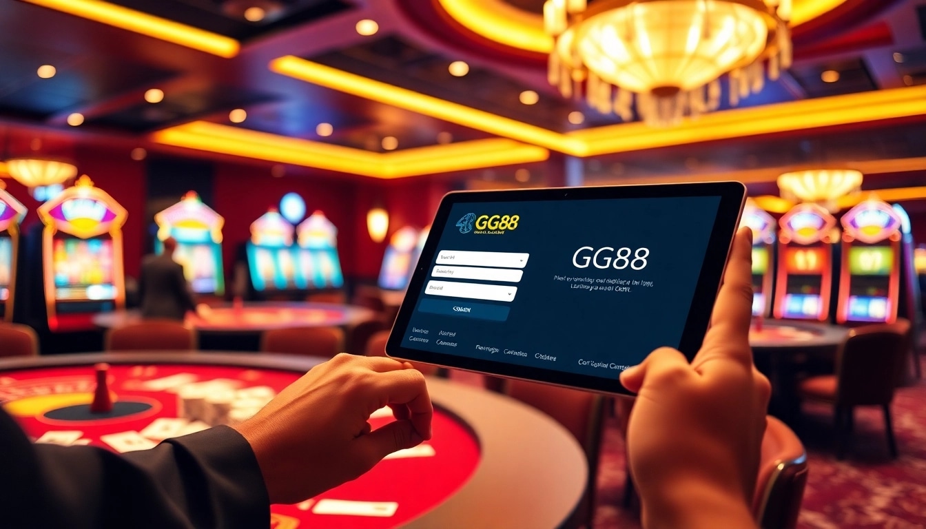 A gambler logging into gg88 login amidst a luxurious casino setup with colorful slot machines and vibrant tables.
