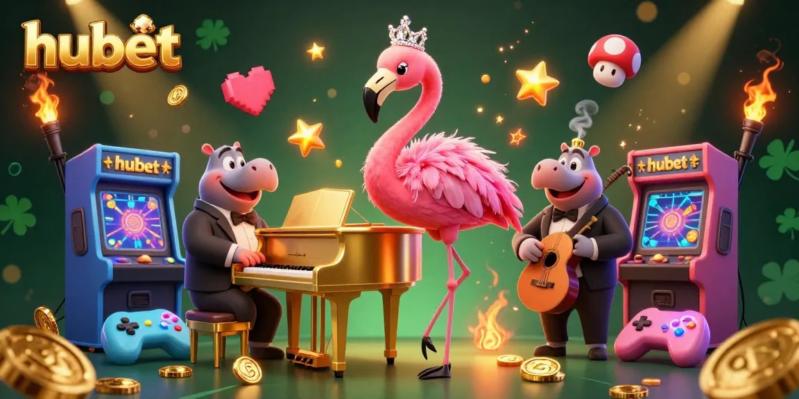 Experience vibrant gameplay at hubet with a lively scene showcasing a flamingo singer and hippo bassist in an immersive casino.