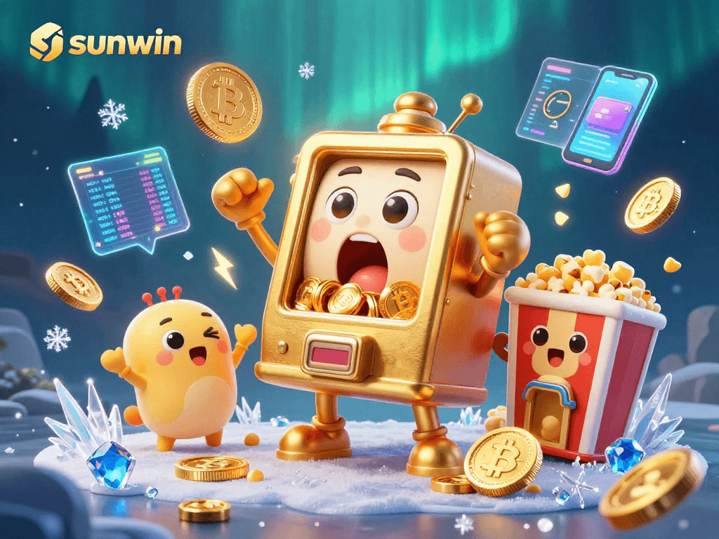 Experience sunwin's thrilling jackpots with a vibrant 3D cartoon slot machine scene filled with coins and crypto.