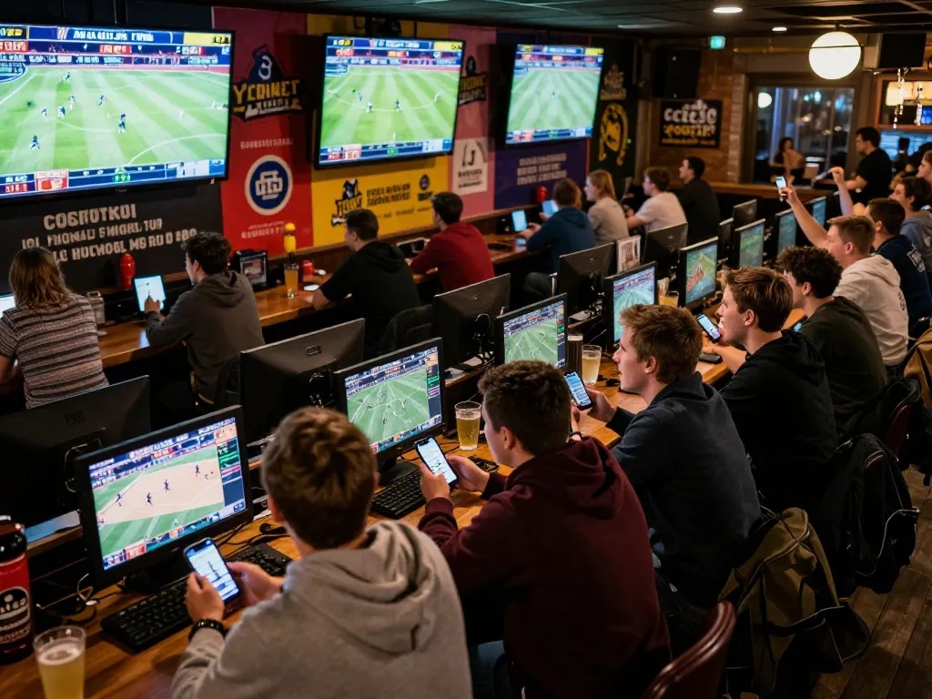 Exciting moment at a sports betting event, showcasing the vibrant 789win link mới atmosphere with fans cheering and live games displayed