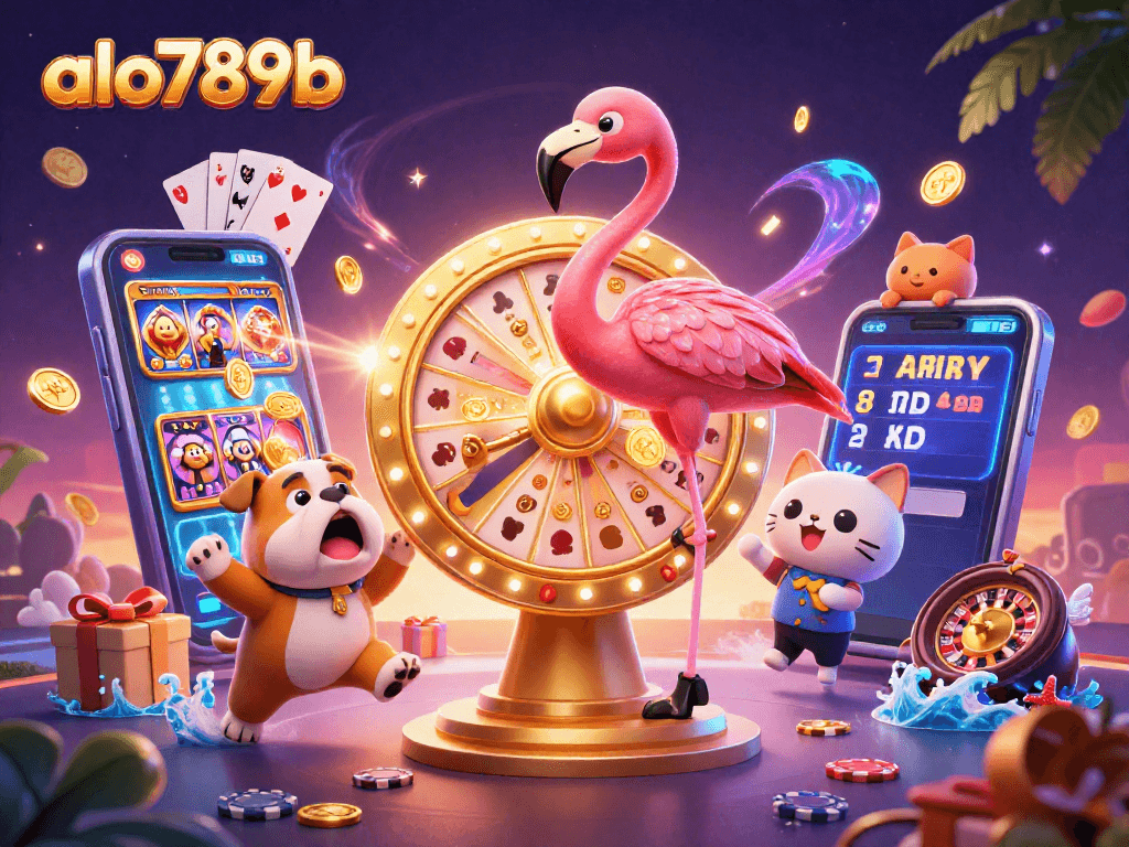 Experience excitement at alo789b with a vibrant game show scene featuring a flamingo, bulldog, and prizes.