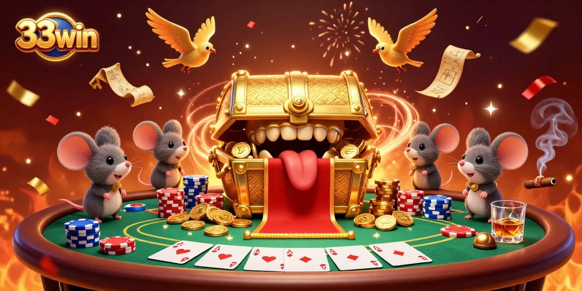 33win gamblers delight in a vibrant casino scene full of treasure, poker chips, and excitement