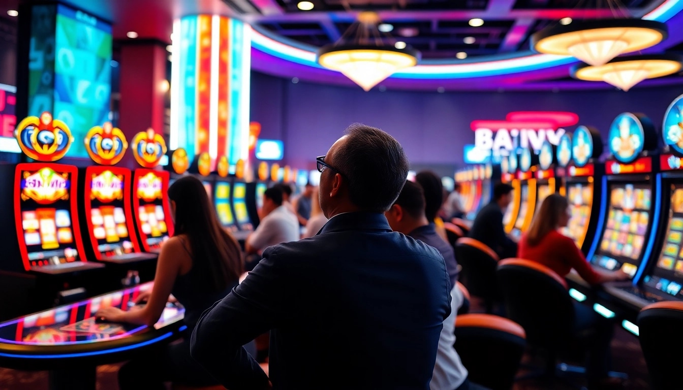 Le casino en ligne fiable présente des joueurs heureux autour de tables de jeux.