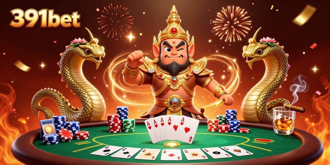 Engage with 391bet where a cartoony fantasy scene unfolds at a poker table with vibrant elements.