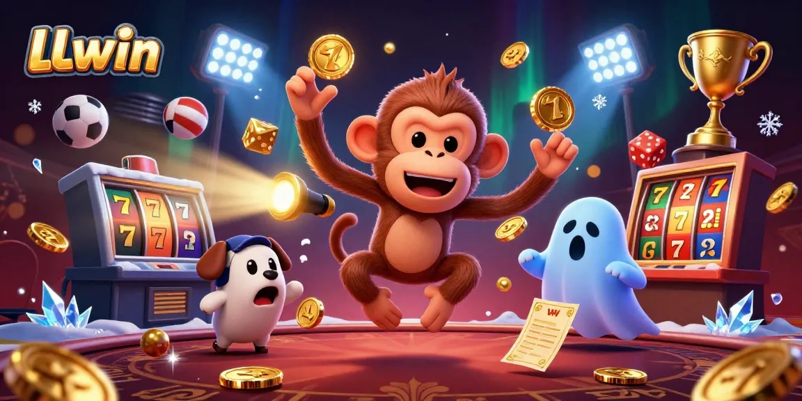 Play thrilling games at LLwin surrounded by a mischievous monkey and dynamic casino elements.
