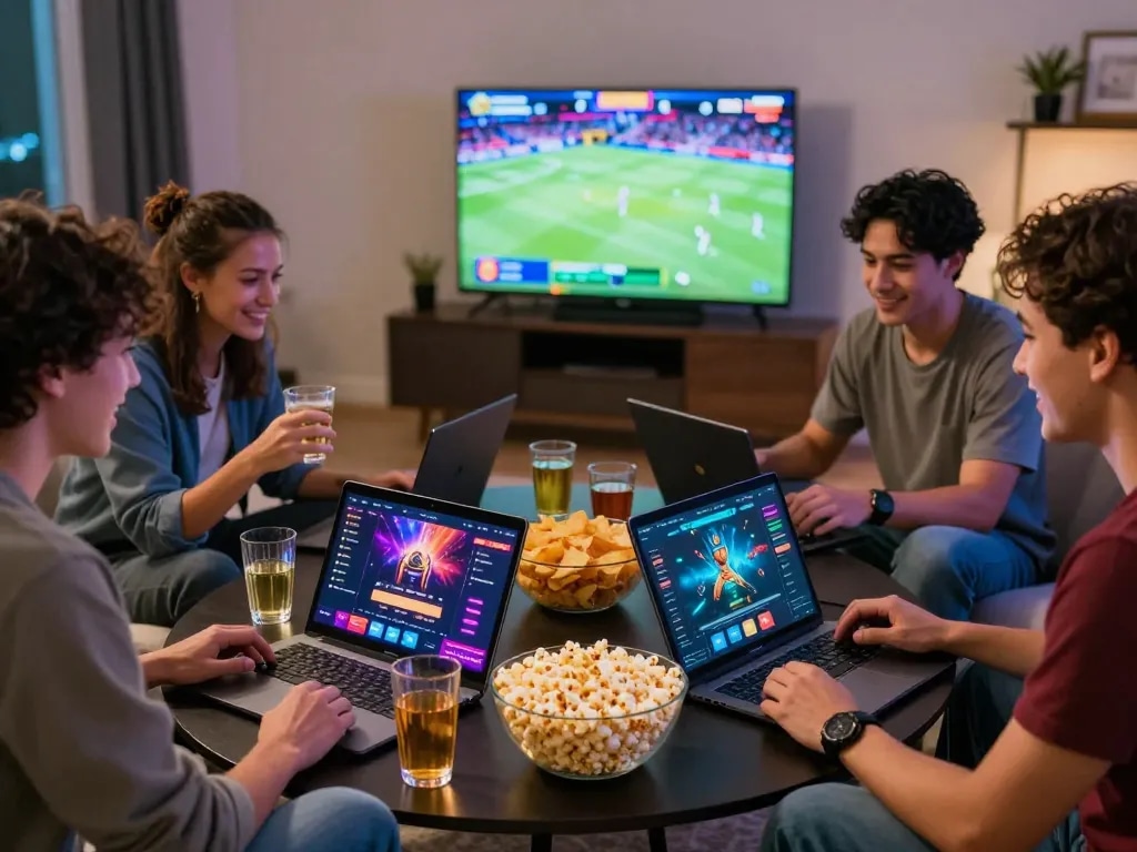 Group of friends engaging with https://8kbett.dev/ online games, showcasing an exciting gambling atmosphere.