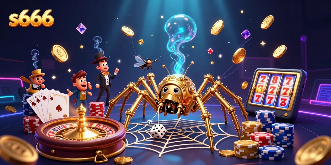 Experience thrilling moments with s666 as the steampunk spider captures luck in a vibrant casino scene.