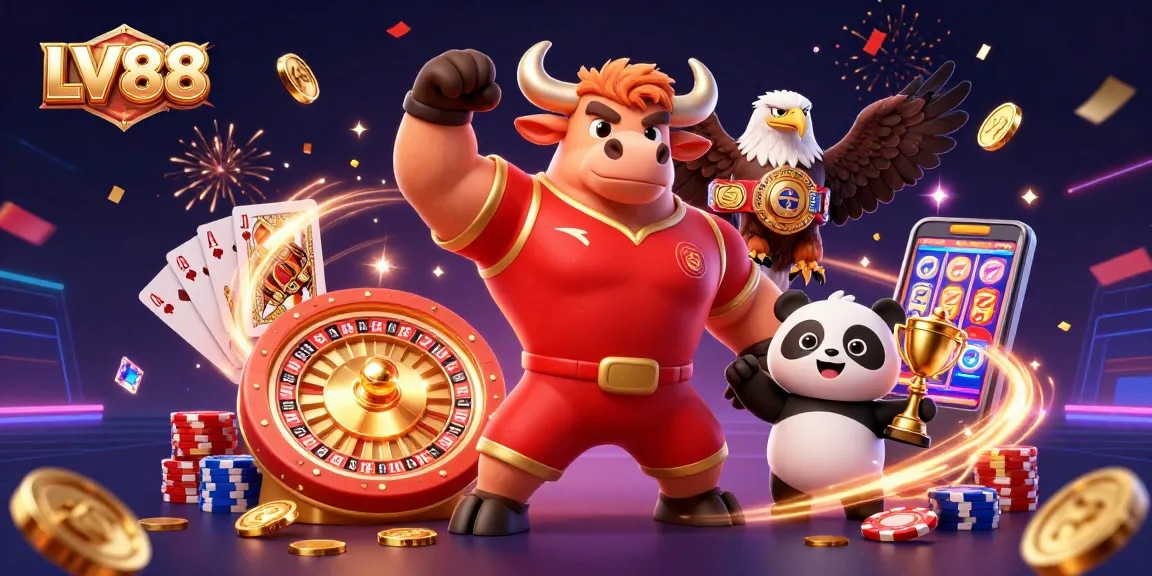 Experience LV88's excitement with a vibrant 3D scene showcasing a bull mascot, eagle, and panda celebrating casino wins amidst golden coins and dynamic gaming elements.