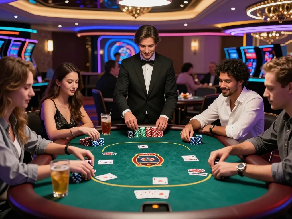 Diverse group enjoying poker at TG88 casino, capturing excitement and camaraderie.