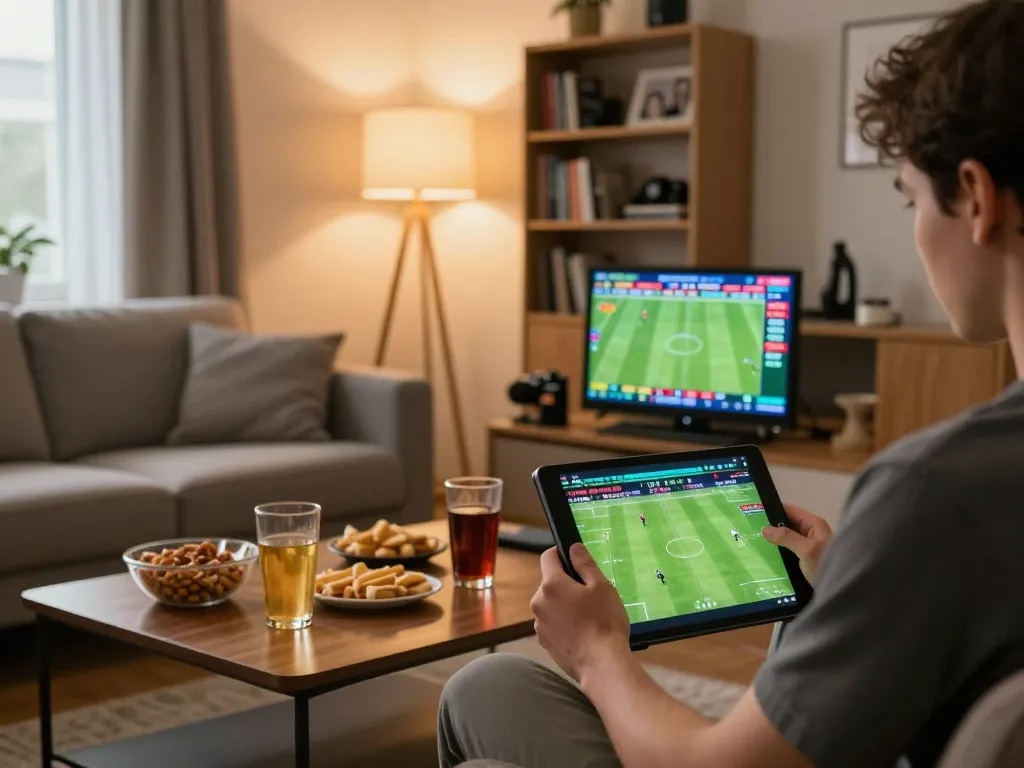 Person placing bets using 75W sports betting app on tablet in a cozy, modern living room