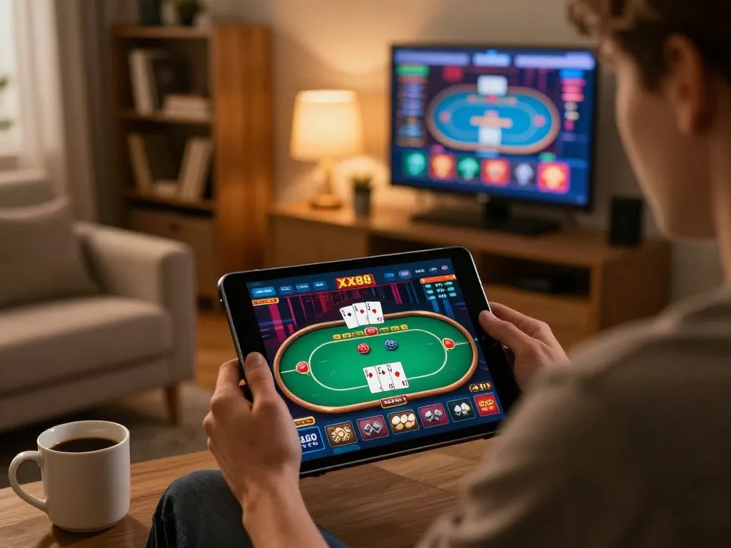Engaged player using the XX88 app for online poker in a cozy home setting.