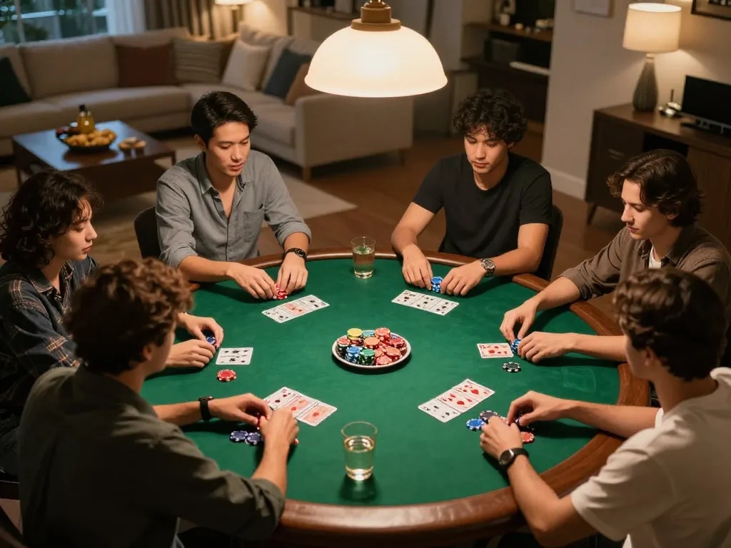 Friends enjoying strategy at a poker night with 559X themed decor and gameplay.