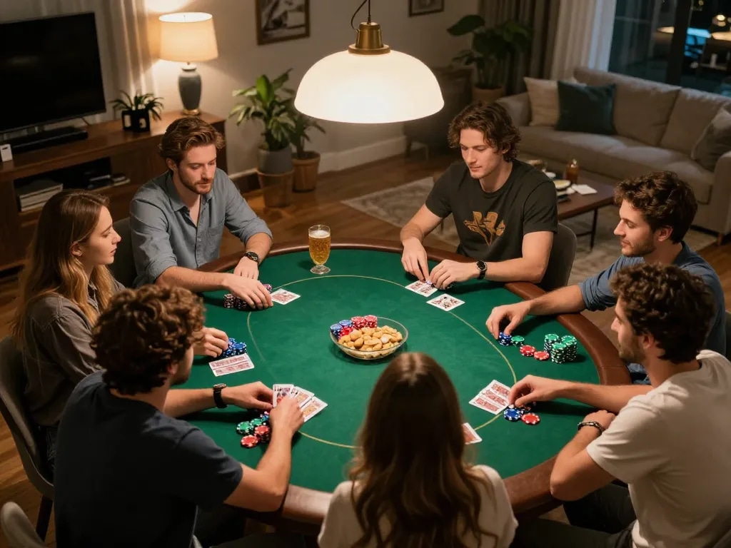 Players strategizing in a lively poker night at home, showcasing 27G excitement and fun atmosphere