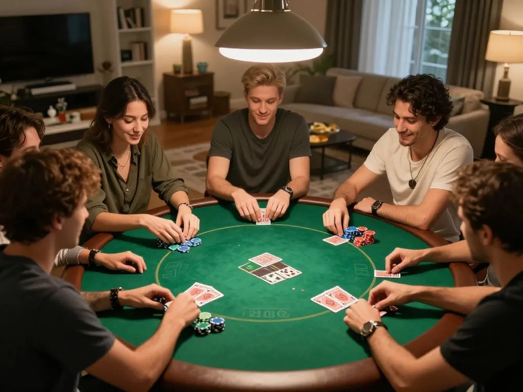 Friends enjoying poker at home with 40WIN atmosphere, showcasing friendly competition and strategic gameplay.