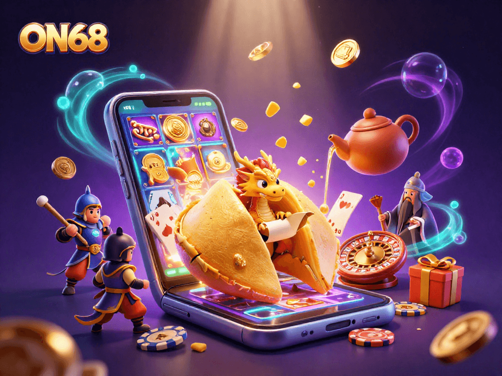 Engage in exciting gameplay with ON68's vibrant 3D illustration displaying gaming elements and characters.