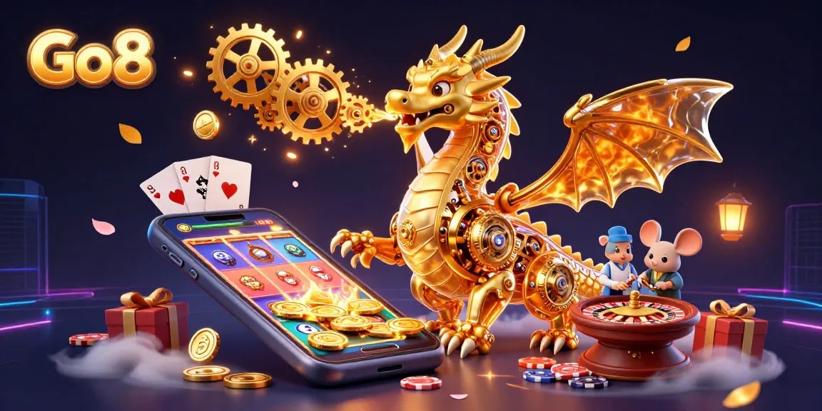 Spin the reels and win with Go8's vibrant casino scene featuring a gilded dragon and interactive games.