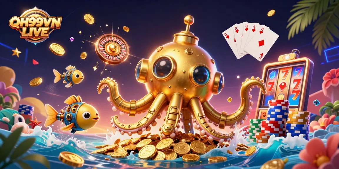 Experience excitement with QH99VN LIVE, featuring a golden kraken submarine among vibrant casino elements.