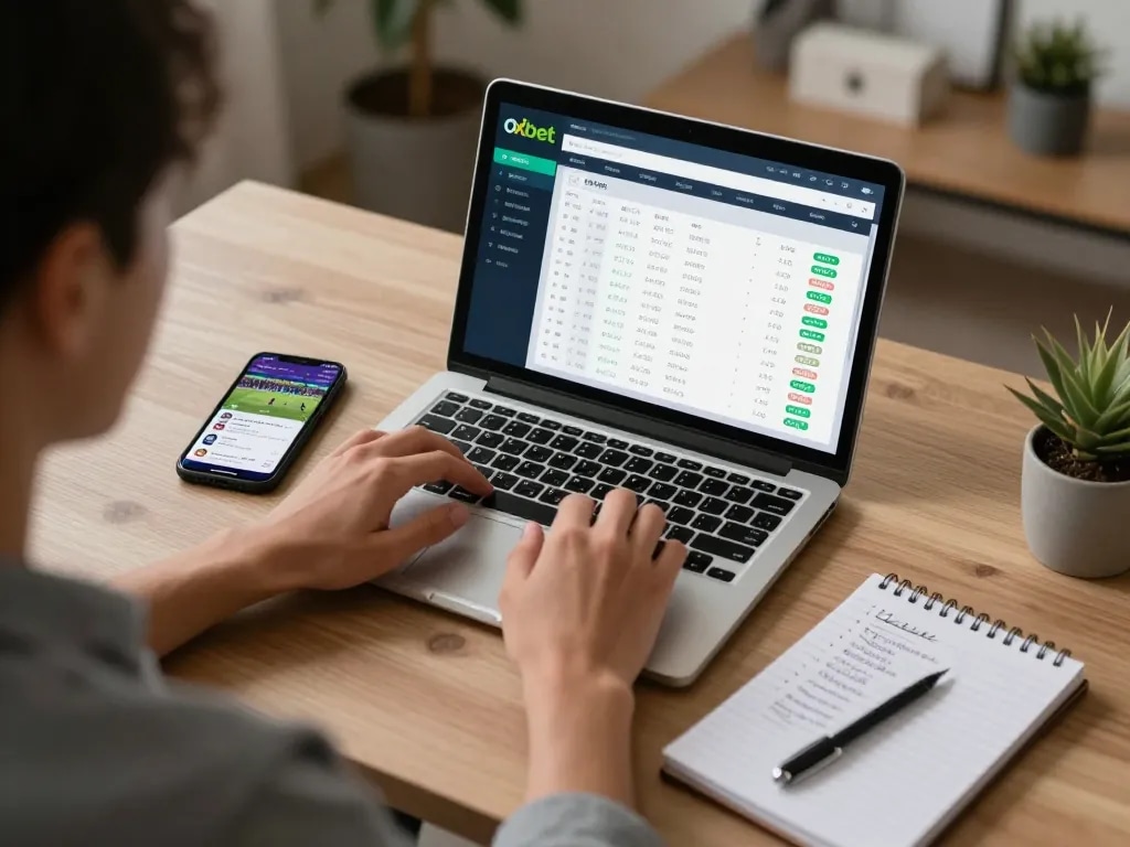 Engaging in online sports betting with oxbet on a laptop while strategizing with notes.