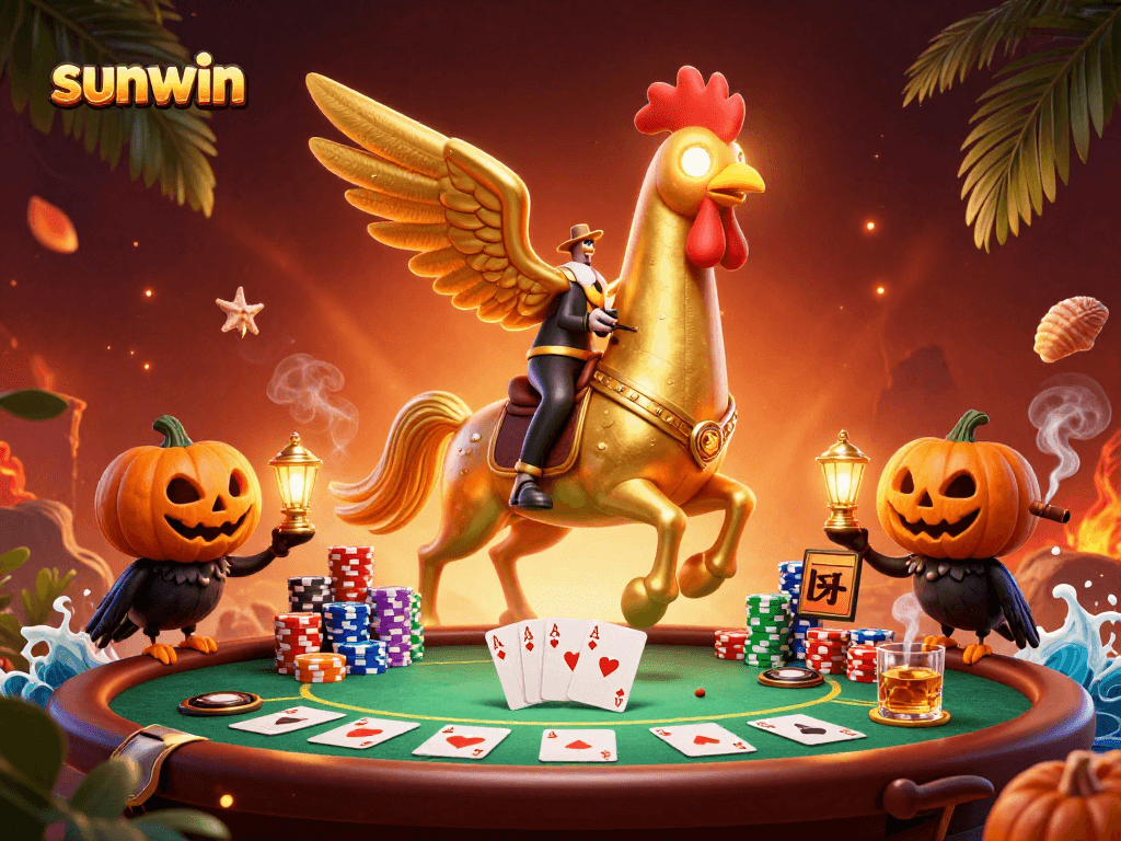 Experience the excitement of sunwin with our vibrant 3D casino illustration featuring a golden rooster and poker elements.