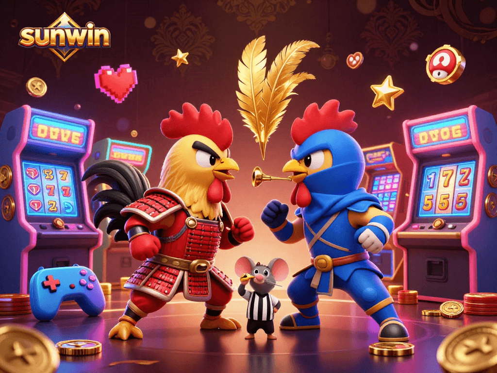 Witness an exciting standoff between sunwin's fighting roosters in a vibrant casino scene.