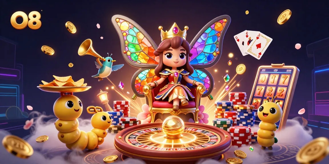 O8 casino illustration featuring vibrant characters, dynamic gaming elements and a rich atmosphere