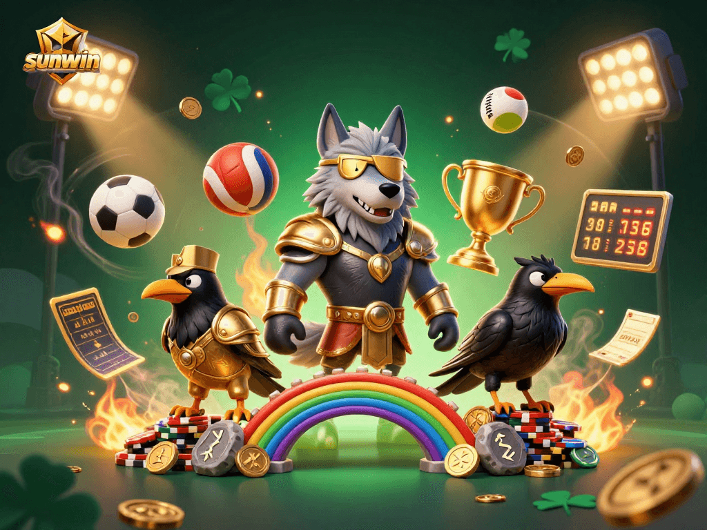 Experience the thrill of sunwin with Odin, ravens, and sports elements in an epic casino illustration.