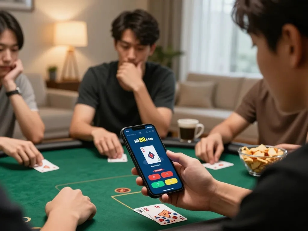 Engaging online poker gameplay on nk88 com app, showcasing focused home atmosphere and strategic decision-making.