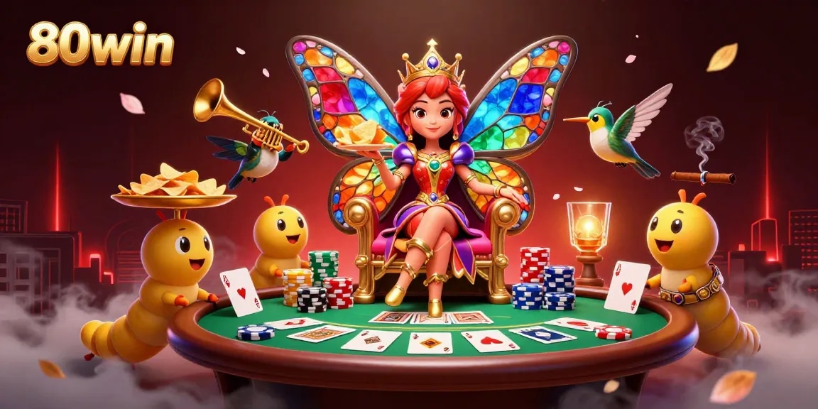 Win big at the 80win casino with our vibrant butterfly queen-themed illustration and gaming elements.