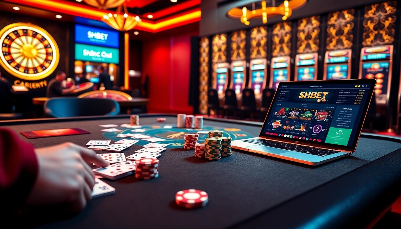 Experience luxury gaming at SHBET with vibrant casino tables, cards, and slot machines.