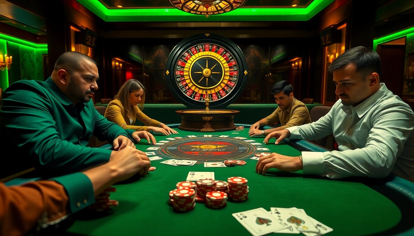 Engaged players at a high-stakes poker table showcasing Hb888's vibrant casino gaming experience.