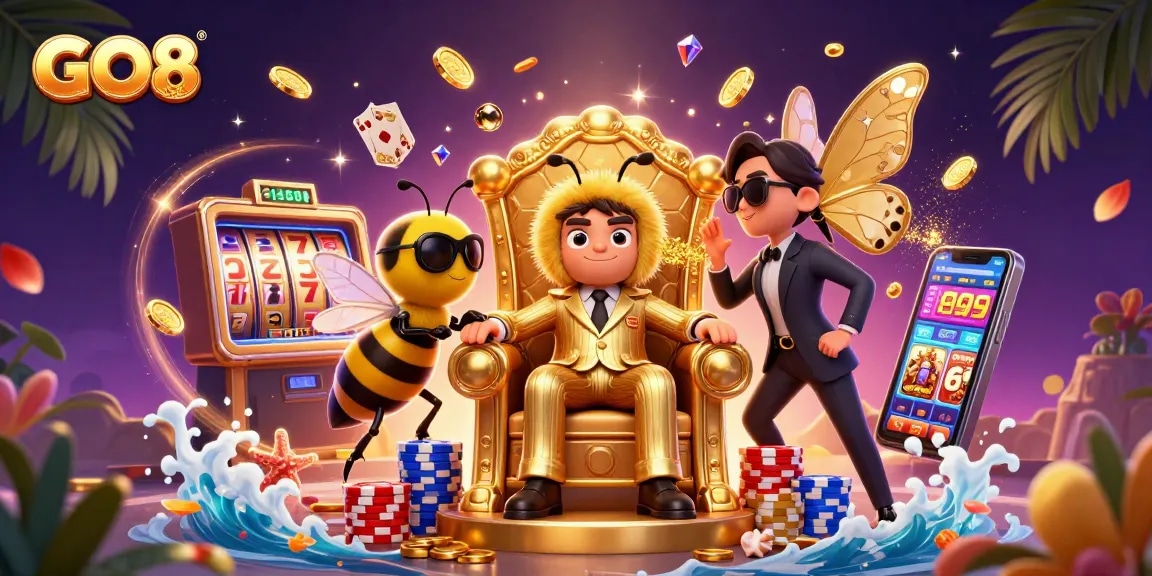 GO8 promotion featuring a bumblebee mob boss amidst lively casino action with slot reels and golden coins.