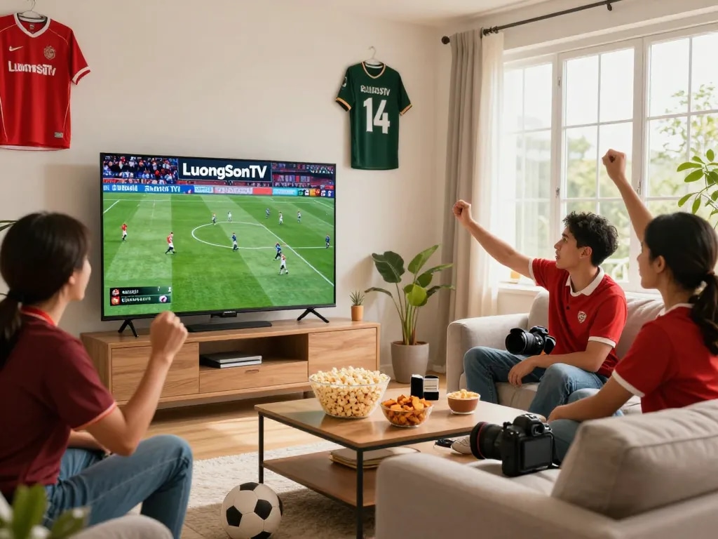 Fans enjoying LuongSonTV live football streaming, showcasing an engaging sports atmosphere with snacks and jerseys.