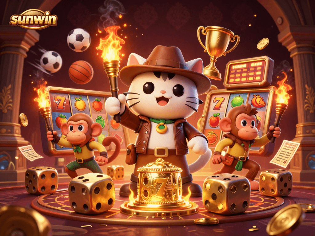 Experience sunwin thrills with a 3D cartoon cat discovering treasures in a vibrant casino setting.