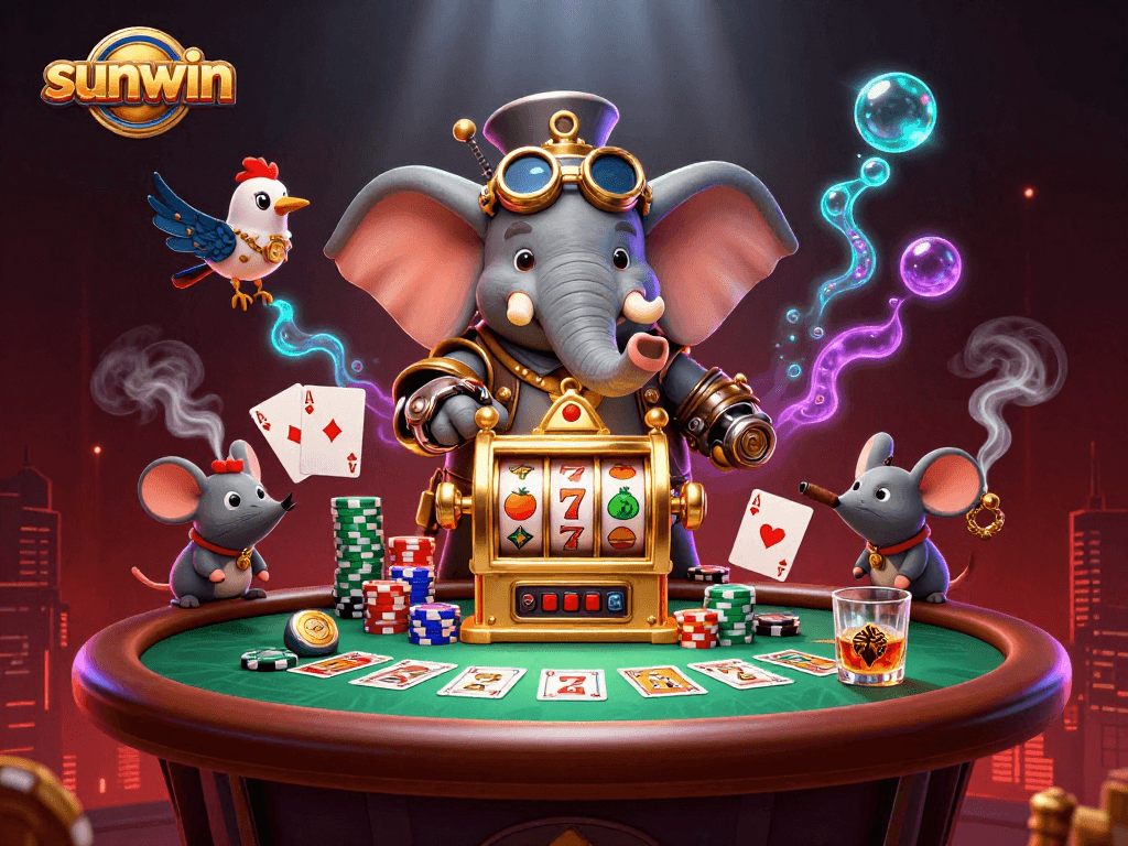 Spin the lucky slot reels at sunwin with a steampunk elephant engineer and vibrant poker elements.