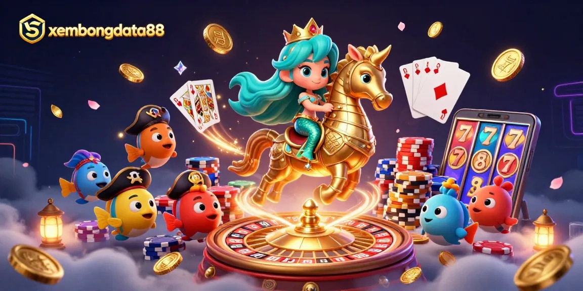 xembongdata88 showcases a vibrant mermaid princess riding a seahorse amidst dazzling casino elements.