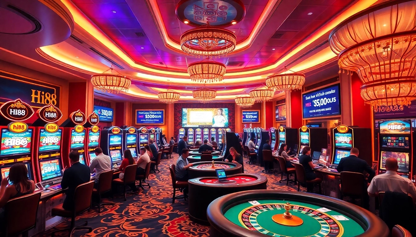 Players enjoying their time at Hi88 casino, showcasing excitement at vibrant slot machines.