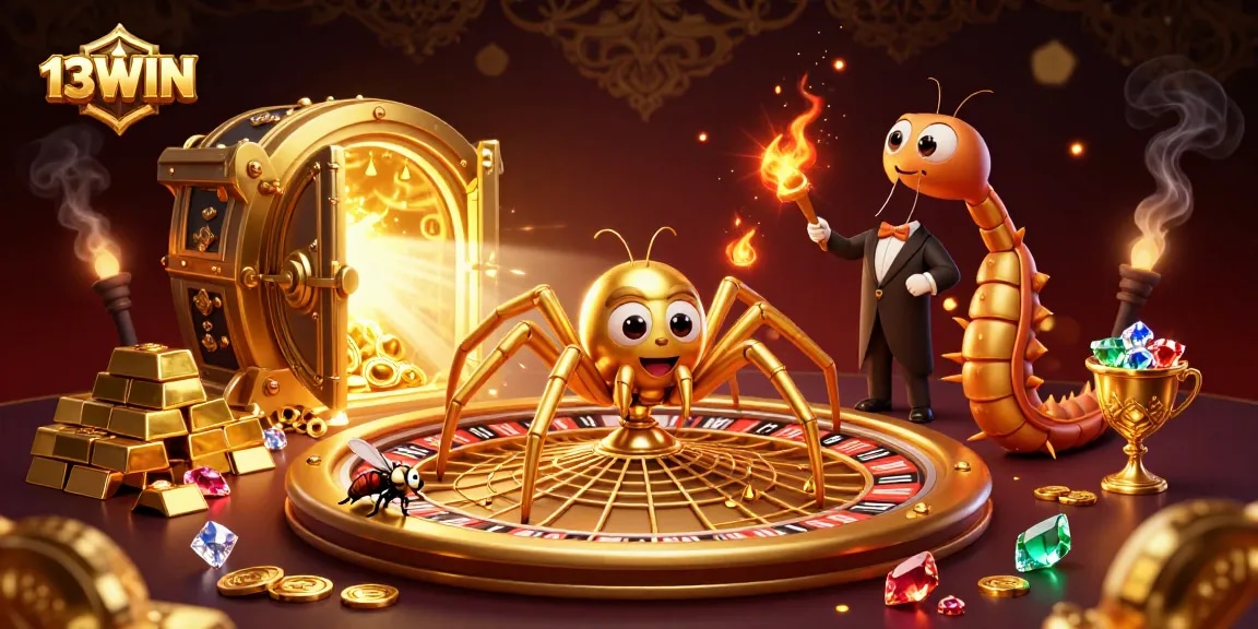 Experience the excitement of 13WIN as a golden spider spins a roulette wheel in a 3D casino.