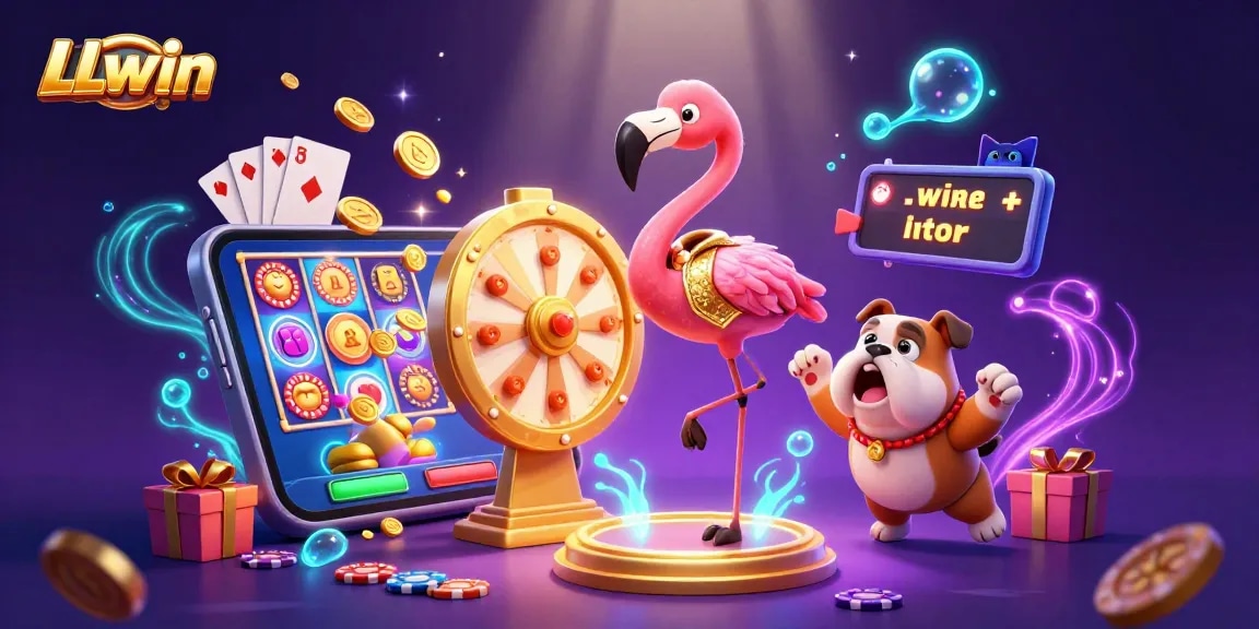Experience thrilling gameplay at LLwin with a lively 3D illustration featuring vibrant casino elements.